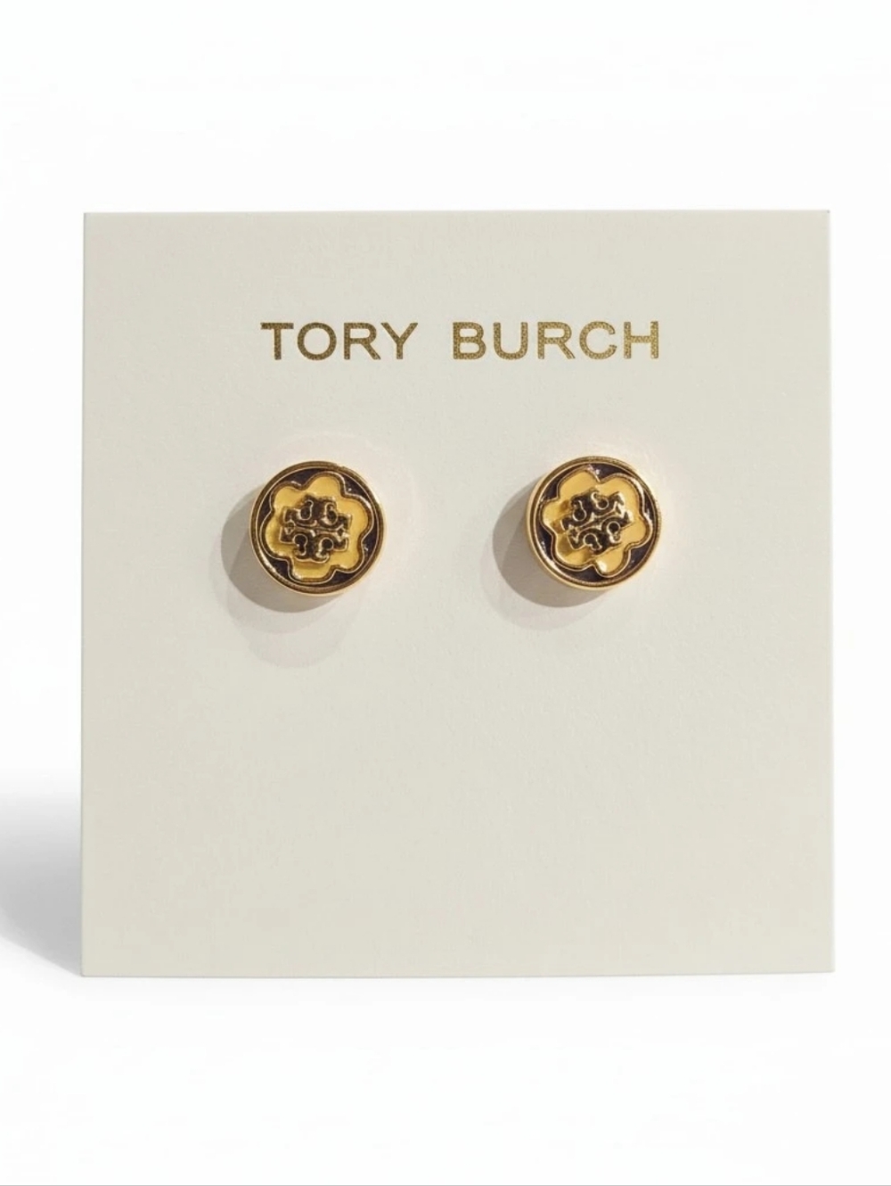 Tory Burch Brown and Cream Flower Enamel Logo Stud Earrings With Gold Accents